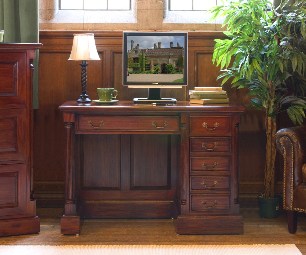 Single Pedestal Computer Desk :  Mahogany Single Pedestal Home Office computer desk. This stylish desk is designed to hide away most of your computer equipment. Part of the  Mahogany home office furniture range.