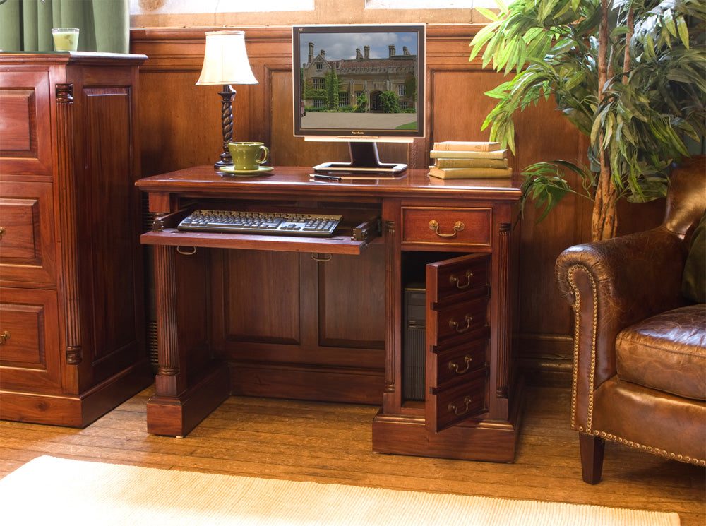 Single Pedestal Computer Desk :  Mahogany Single Pedestal Home Office computer desk. This stylish desk is designed to hide away most of your computer equipment. Part of the  Mahogany home office furniture range.