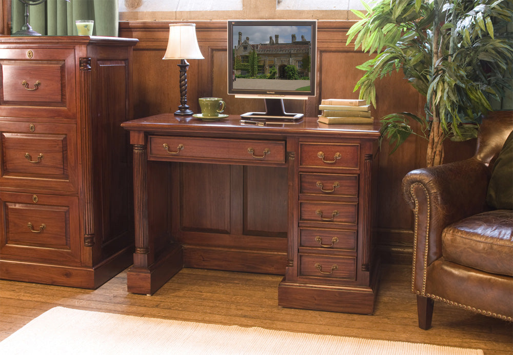 Single Pedestal Computer Desk :  Mahogany Single Pedestal Home Office computer desk. This stylish desk is designed to hide away most of your computer equipment. Part of the  Mahogany home office furniture range.