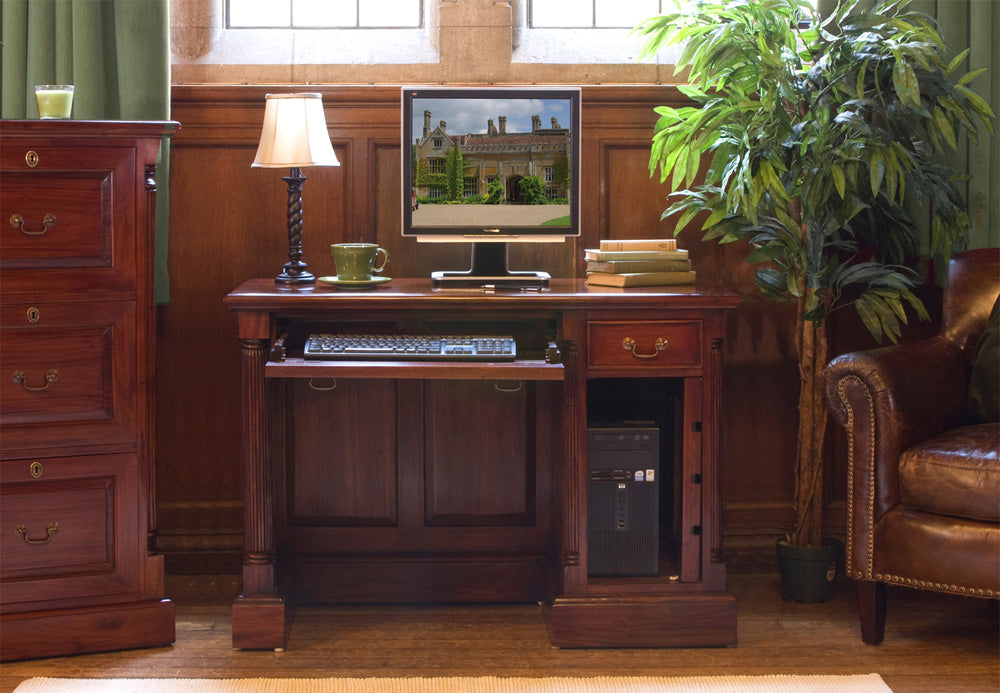 Single Pedestal Computer Desk :  Mahogany Single Pedestal Home Office computer desk. This stylish desk is designed to hide away most of your computer equipment. Part of the  Mahogany home office furniture range.