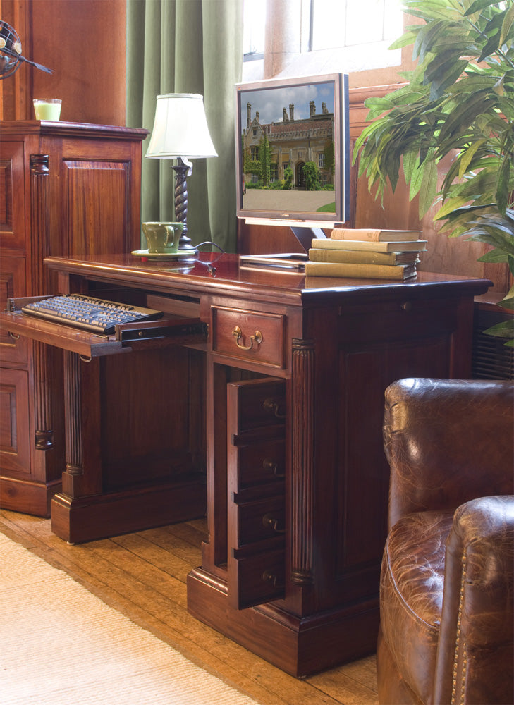 Single Pedestal Computer Desk :  Mahogany Single Pedestal Home Office computer desk. This stylish desk is designed to hide away most of your computer equipment. Part of the  Mahogany home office furniture range.