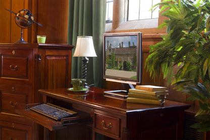 Single Pedestal Computer Desk :  Mahogany Single Pedestal Home Office computer desk. This stylish desk is designed to hide away most of your computer equipment. Part of the  Mahogany home office furniture range.