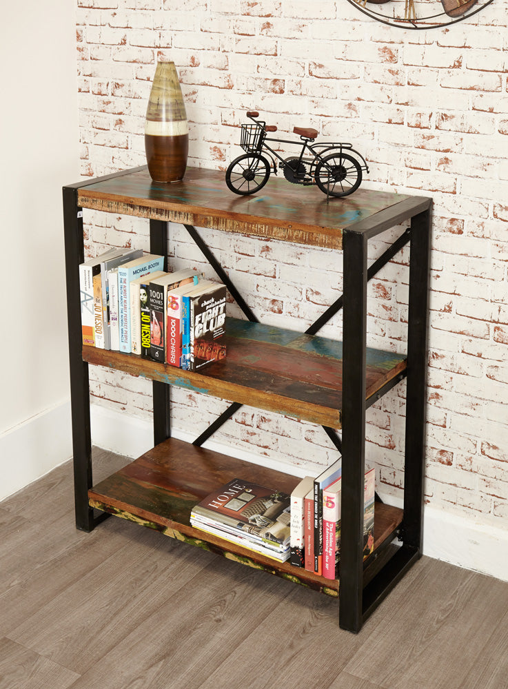 Low Bookcase :  low bookcase. Made from reclaimed wood salvaged from old buildings in southern India. Part of the   range, colourful furniture for stylish living.