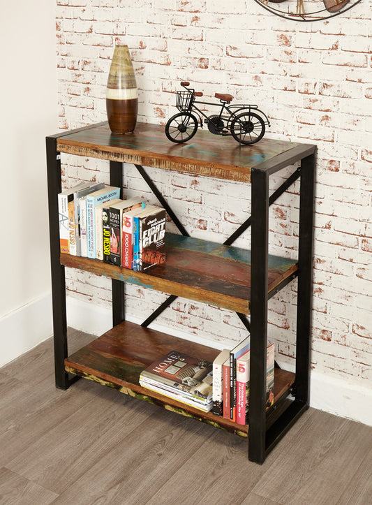 Low Bookcase :  low bookcase. Made from reclaimed wood salvaged from old buildings in southern India. Part of the   range, colourful furniture for stylish living.