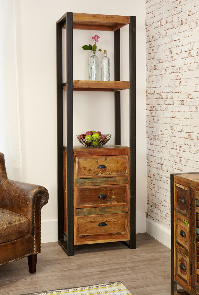 Alcove Bookcase (with drawers) :  alcove storage cabinet / bookcase with drawers. Made from reclaimed wood salvaged from old buildings in southern India. Part of the   range, colourful furniture for stylish living.