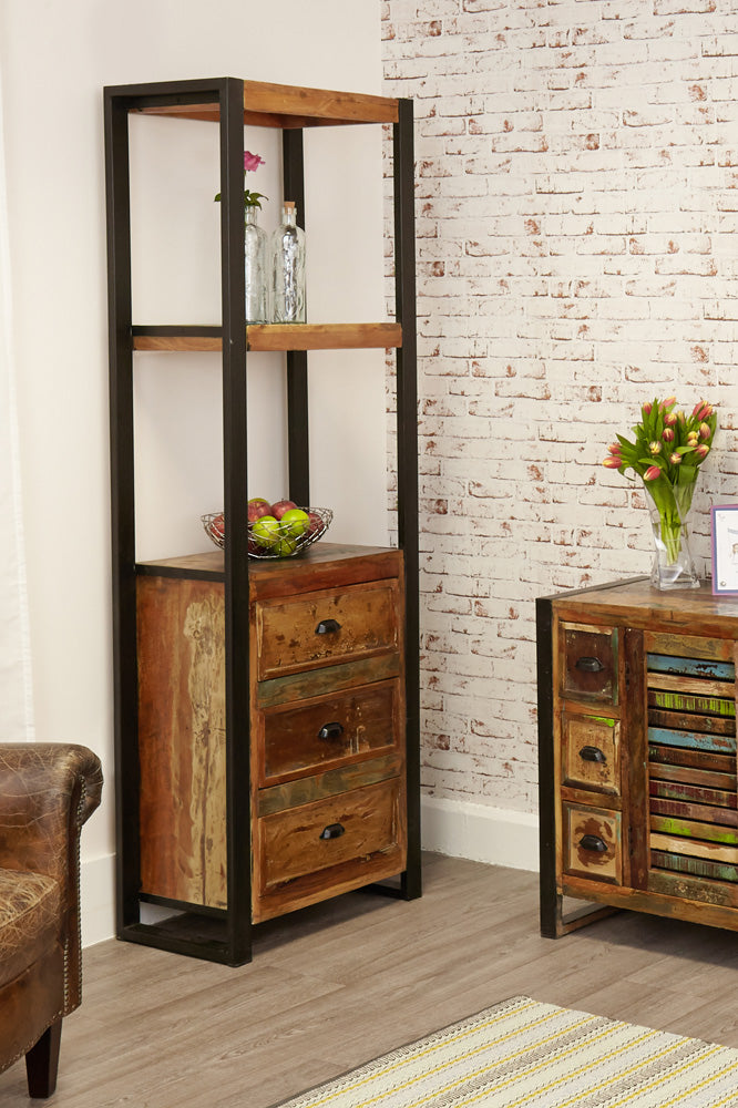 Alcove Bookcase (with drawers) :  alcove storage cabinet / bookcase with drawers. Made from reclaimed wood salvaged from old buildings in southern India. Part of the   range, colourful furniture for stylish living.