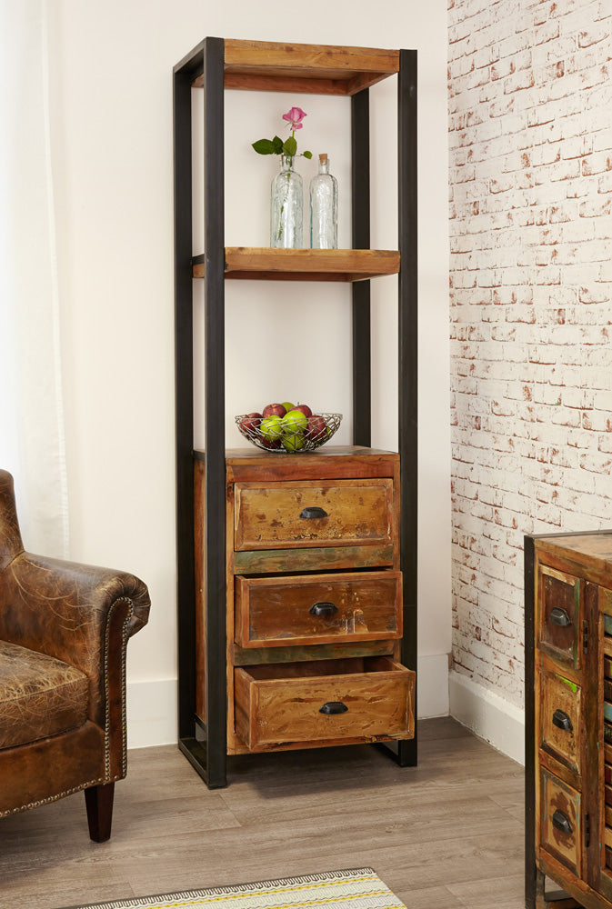 Alcove Bookcase (with drawers) :  alcove storage cabinet / bookcase with drawers. Made from reclaimed wood salvaged from old buildings in southern India. Part of the   range, colourful furniture for stylish living.