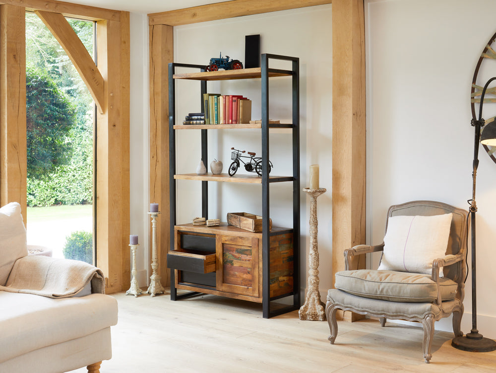 Large Bookcase with Storage :  Large Bookcase with Storage. Made from reclaimed wood salvaged from old buildings in southern India. Part of the   range, colourful furniture for stylish living.