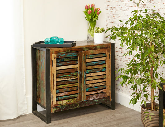 2 Door Small Sideboard :  small 2 door sideboard. Made from reclaimed wood salvaged from old buildings in southern India. Part of the   range, colourful furniture for stylish living.