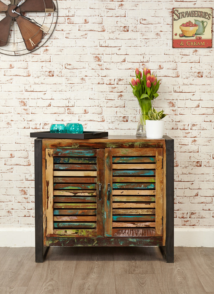 2 Door Small Sideboard :  small 2 door sideboard. Made from reclaimed wood salvaged from old buildings in southern India. Part of the   range, colourful furniture for stylish living.