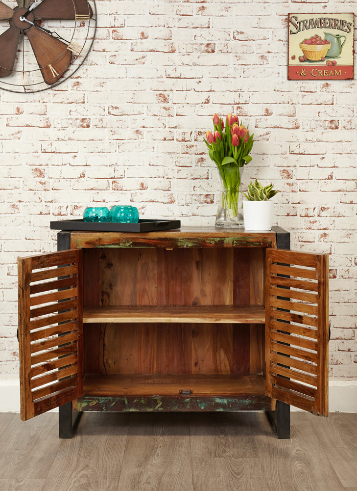 2 Door Small Sideboard :  small 2 door sideboard. Made from reclaimed wood salvaged from old buildings in southern India. Part of the   range, colourful furniture for stylish living.