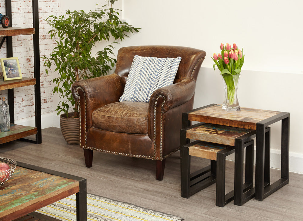 Nest of Tables :  nest of tables. Made from reclaimed wood salvaged from old buildings in southern India. Part of the   range, colourful furniture for stylish living.