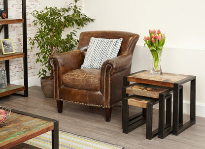 Nest of Tables :  nest of tables. Made from reclaimed wood salvaged from old buildings in southern India. Part of the   range, colourful furniture for stylish living.