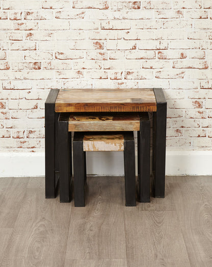 Nest of Tables :  nest of tables. Made from reclaimed wood salvaged from old buildings in southern India. Part of the   range, colourful furniture for stylish living.