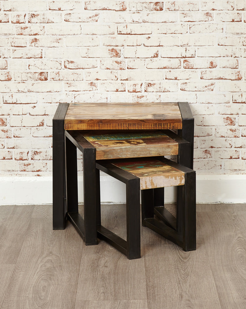 Nest of Tables :  nest of tables. Made from reclaimed wood salvaged from old buildings in southern India. Part of the   range, colourful furniture for stylish living.