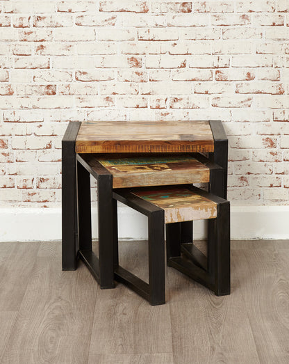Nest of Tables :  nest of tables. Made from reclaimed wood salvaged from old buildings in southern India. Part of the   range, colourful furniture for stylish living.