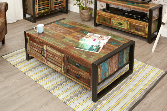 4 Door 4 Drawers Large Coffee Table :  large coffee table. Made from reclaimed wood salvaged from old buildings in southern India. Part of the   collection, colourful furniture for stylish living.
