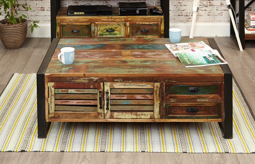 4 Door 4 Drawers Large Coffee Table :  large coffee table. Made from reclaimed wood salvaged from old buildings in southern India. Part of the   collection, colourful furniture for stylish living.