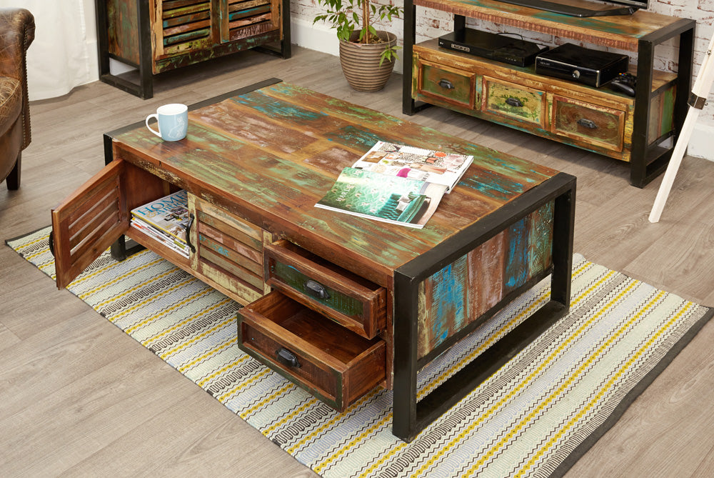 4 Door 4 Drawers Large Coffee Table :  large coffee table. Made from reclaimed wood salvaged from old buildings in southern India. Part of the   collection, colourful furniture for stylish living.
