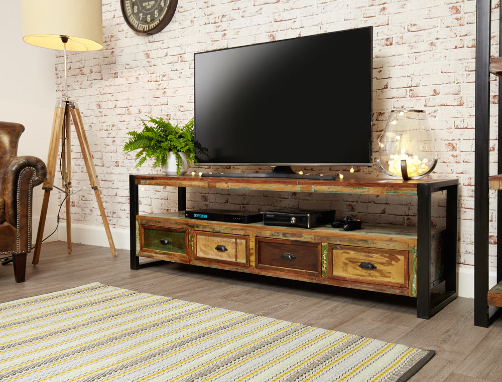 Open Widescreen Television Cabinet :  open widescreen television TV cabinet. Made from reclaimed wood salvaged from old buildings in southern India. Part of the   collection, colourful furniture for stylish living.
