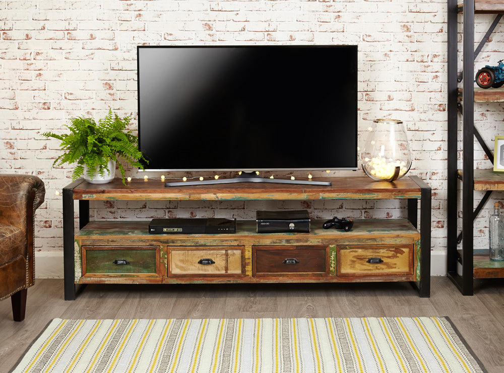 Open Widescreen Television Cabinet :  open widescreen television TV cabinet. Made from reclaimed wood salvaged from old buildings in southern India. Part of the   collection, colourful furniture for stylish living.