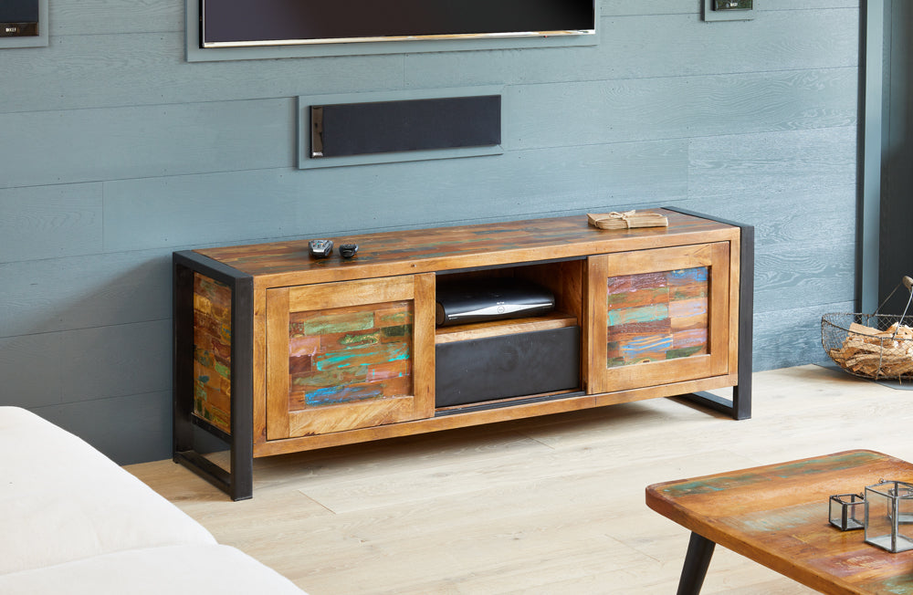 Widescreen Television Cabinet :  widescreen television cabinet. Made from reclaimed wood salvaged from old buildings in southern India. Part of the   range, colourful furniture for stylish living.