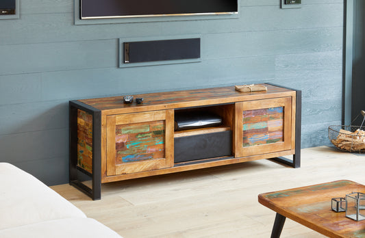 Widescreen Television Cabinet :  widescreen television cabinet. Made from reclaimed wood salvaged from old buildings in southern India. Part of the   range, colourful furniture for stylish living.