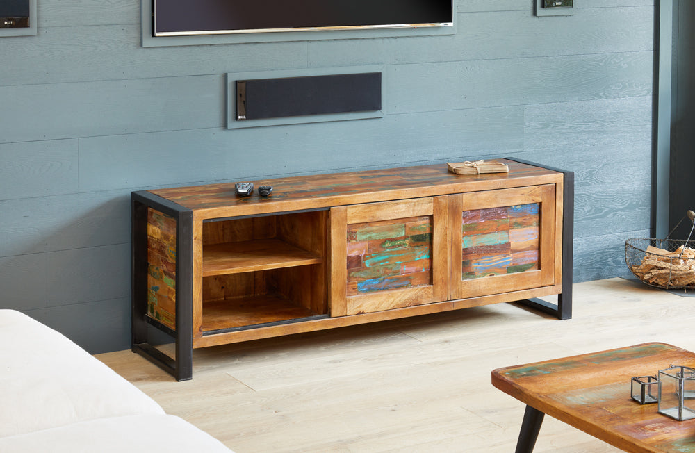 Widescreen Television Cabinet :  widescreen television cabinet. Made from reclaimed wood salvaged from old buildings in southern India. Part of the   range, colourful furniture for stylish living.