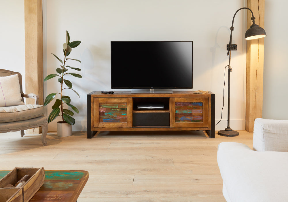 Widescreen Television Cabinet :  widescreen television cabinet. Made from reclaimed wood salvaged from old buildings in southern India. Part of the   range, colourful furniture for stylish living.
