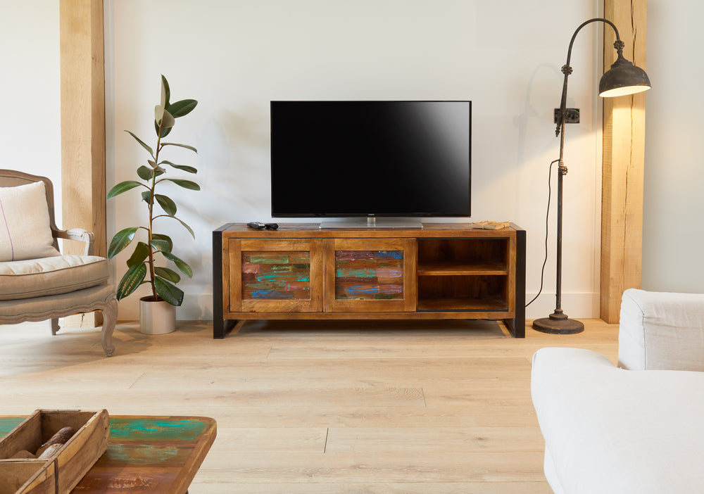 Widescreen Television Cabinet :  widescreen television cabinet. Made from reclaimed wood salvaged from old buildings in southern India. Part of the   range, colourful furniture for stylish living.