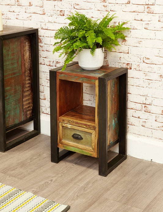 Lamp Table / Bedside Cabinet :  Lamp table / Bedside cabinet. Made from reclaimed wood salvaged from old buildings in southern India. Part of the   collection, colourful furniture for stylish living.
