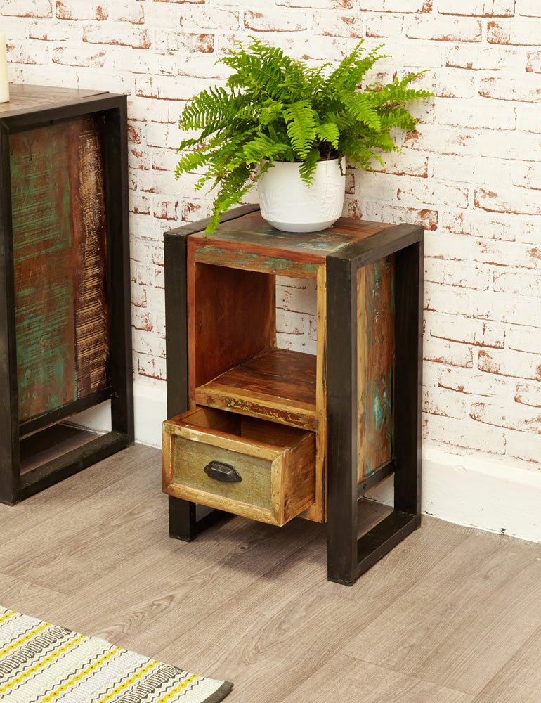 Lamp Table / Bedside Cabinet :  Lamp table / Bedside cabinet. Made from reclaimed wood salvaged from old buildings in southern India. Part of the   collection, colourful furniture for stylish living.
