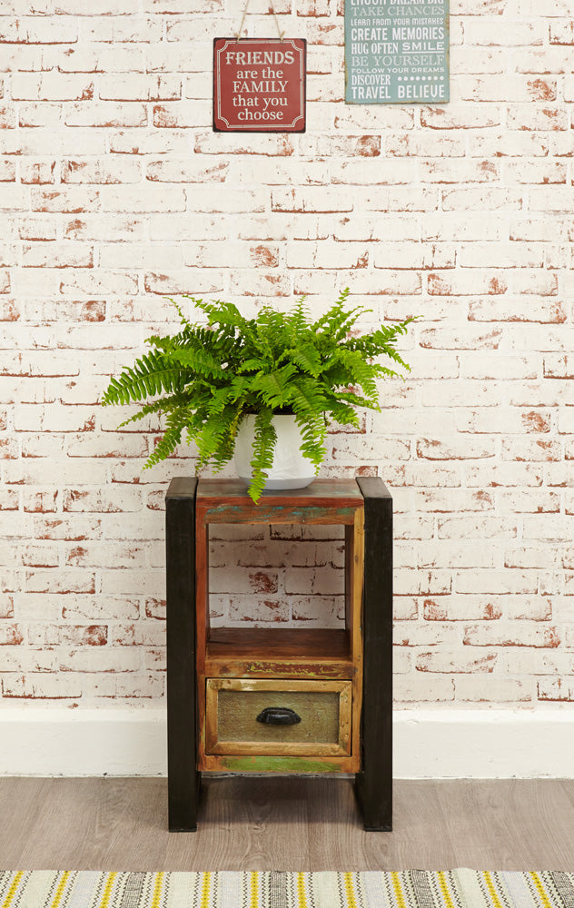 Lamp Table / Bedside Cabinet :  Lamp table / Bedside cabinet. Made from reclaimed wood salvaged from old buildings in southern India. Part of the   collection, colourful furniture for stylish living.