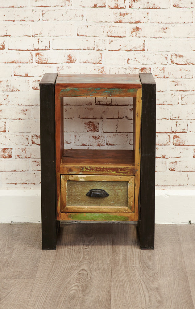 Lamp Table / Bedside Cabinet :  Lamp table / Bedside cabinet. Made from reclaimed wood salvaged from old buildings in southern India. Part of the   collection, colourful furniture for stylish living.