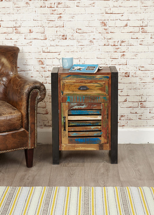 1 Door 1 Drawer Lamp Table :  one door, one drawer lamp table. Made from reclaimed wood salvaged from old buildings in southern India. Part of the   collection, colourful furniture for stylish living.