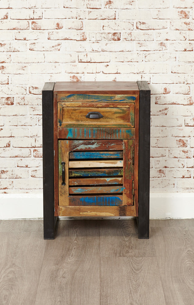 1 Door 1 Drawer Lamp Table :  one door, one drawer lamp table. Made from reclaimed wood salvaged from old buildings in southern India. Part of the   collection, colourful furniture for stylish living.