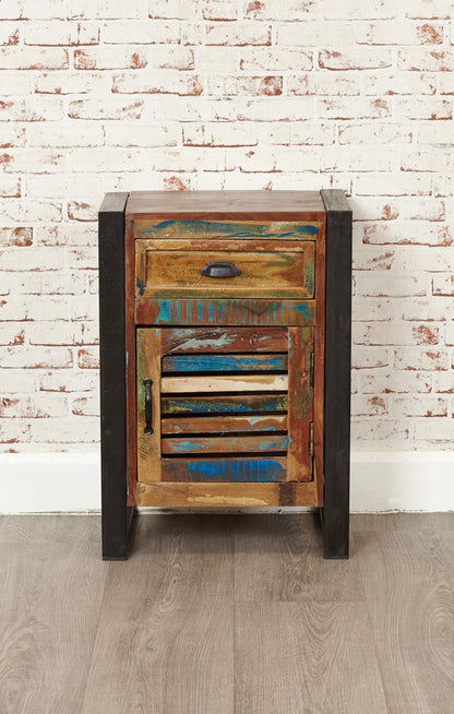 1 Door 1 Drawer Lamp Table :  one door, one drawer lamp table. Made from reclaimed wood salvaged from old buildings in southern India. Part of the   collection, colourful furniture for stylish living.