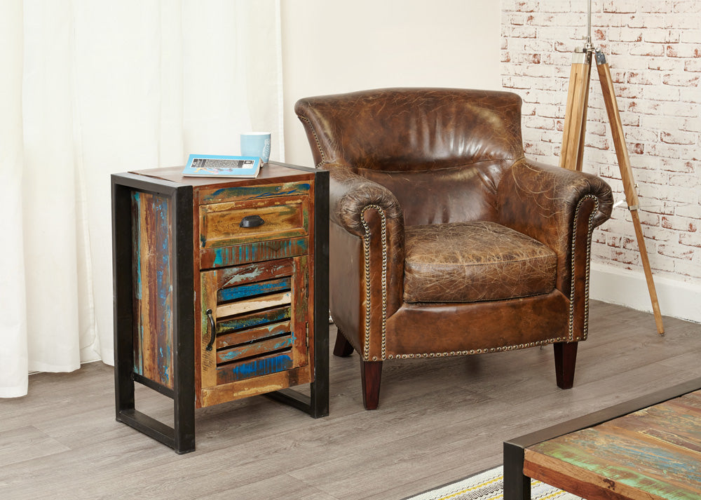 1 Door 1 Drawer Lamp Table :  one door, one drawer lamp table. Made from reclaimed wood salvaged from old buildings in southern India. Part of the   collection, colourful furniture for stylish living.