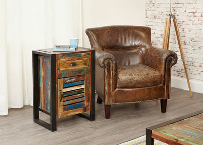 1 Door 1 Drawer Lamp Table :  one door, one drawer lamp table. Made from reclaimed wood salvaged from old buildings in southern India. Part of the   collection, colourful furniture for stylish living.