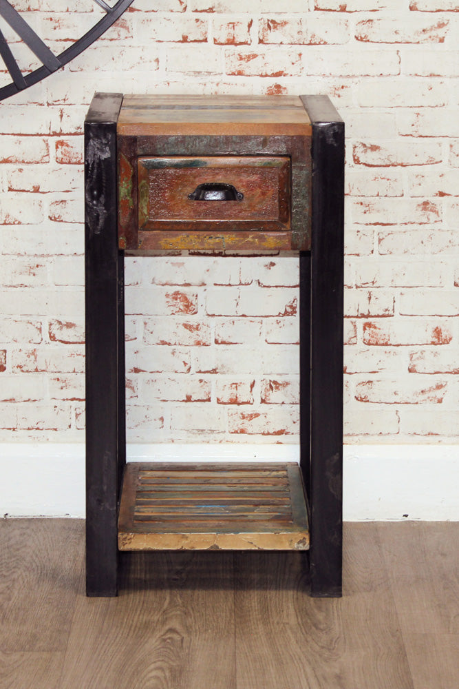 Plant Stand/Lamp Table :  plant stand/lamp table. Made from reclaimed wood salvaged from old  buildings in southern India. Part of the   collection, colourful furniture for stylish living.