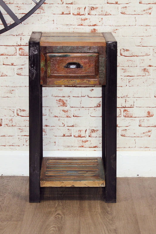 Plant Stand/Lamp Table :  plant stand/lamp table. Made from reclaimed wood salvaged from old  buildings in southern India. Part of the   collection, colourful furniture for stylish living.