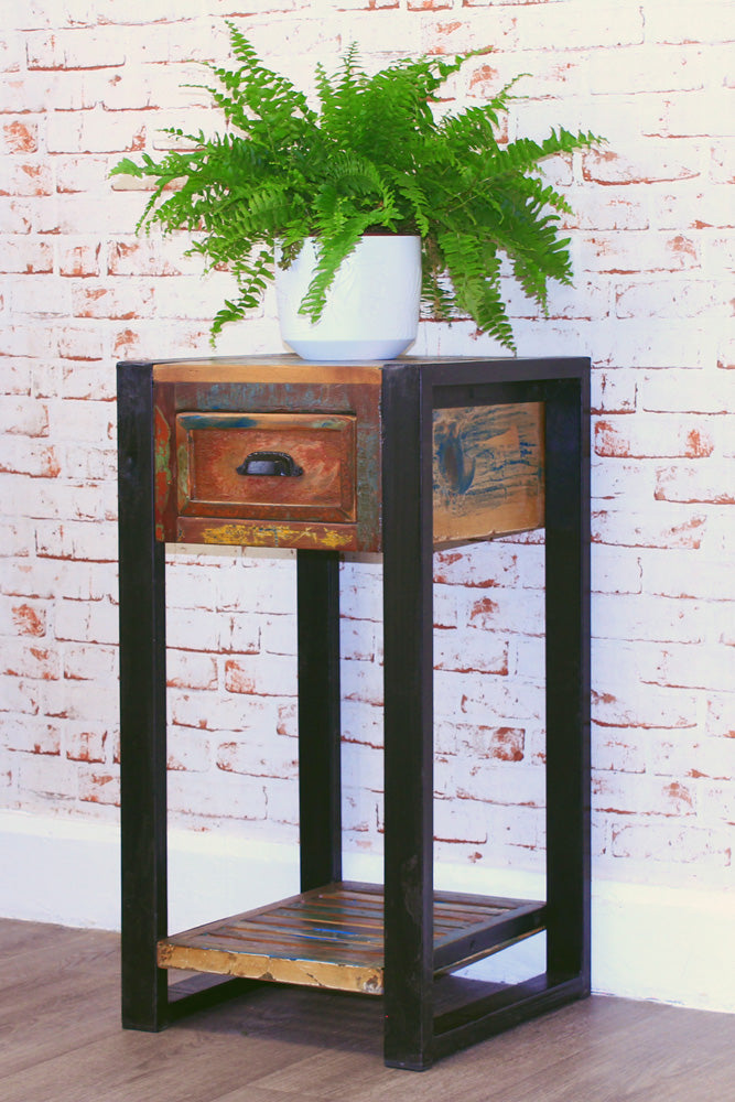 Plant Stand/Lamp Table :  plant stand/lamp table. Made from reclaimed wood salvaged from old  buildings in southern India. Part of the   collection, colourful furniture for stylish living.
