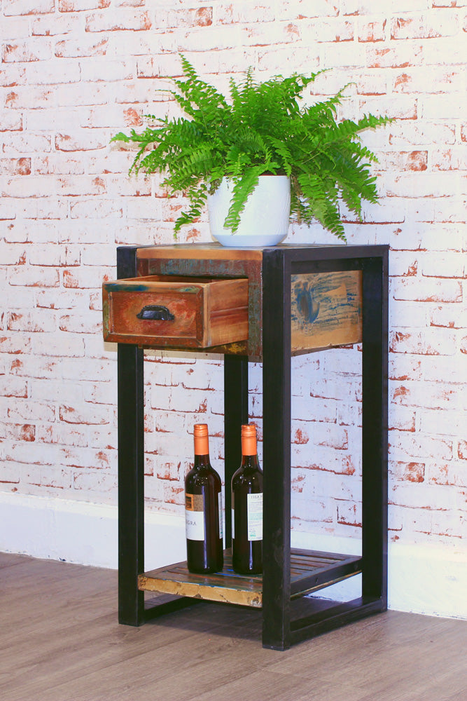 Plant Stand/Lamp Table :  plant stand/lamp table. Made from reclaimed wood salvaged from old  buildings in southern India. Part of the   collection, colourful furniture for stylish living.
