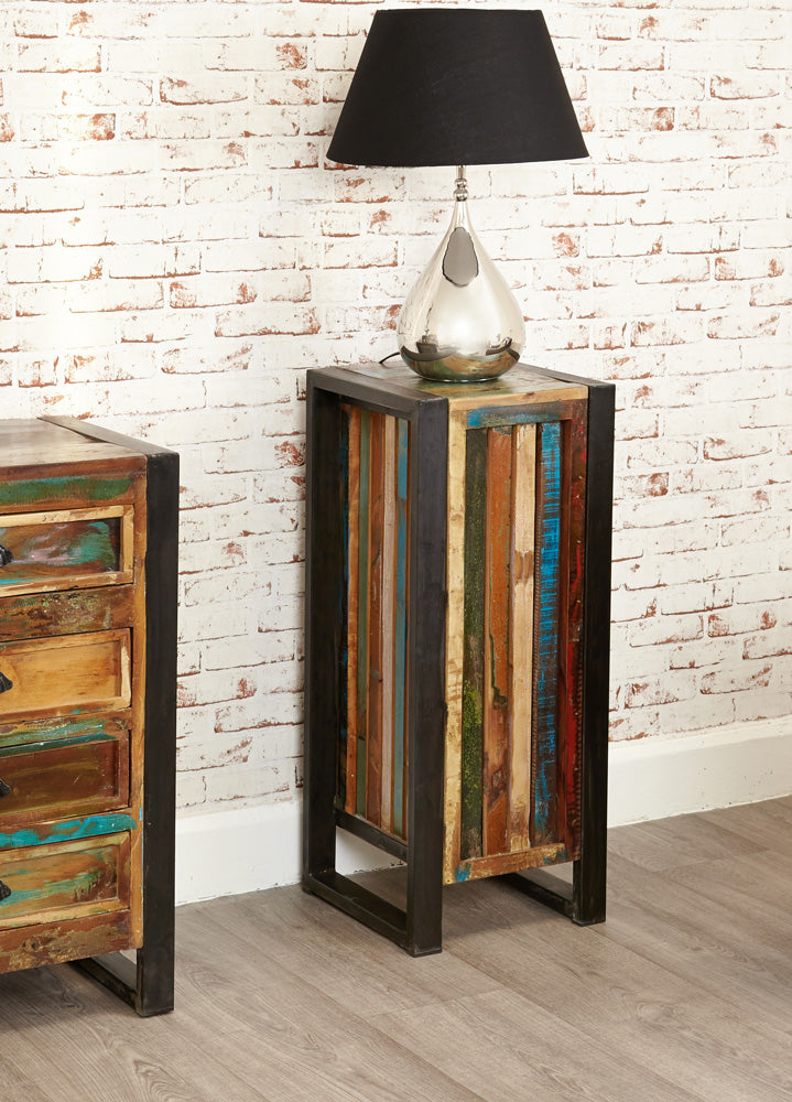 Tall Plant Stand/Lamp Table :  tall Plant stand/Lamp table. Made from reclaimed wood salvaged from old buildings in southern India. Part of the   collection, colourful furniture for stylish living.