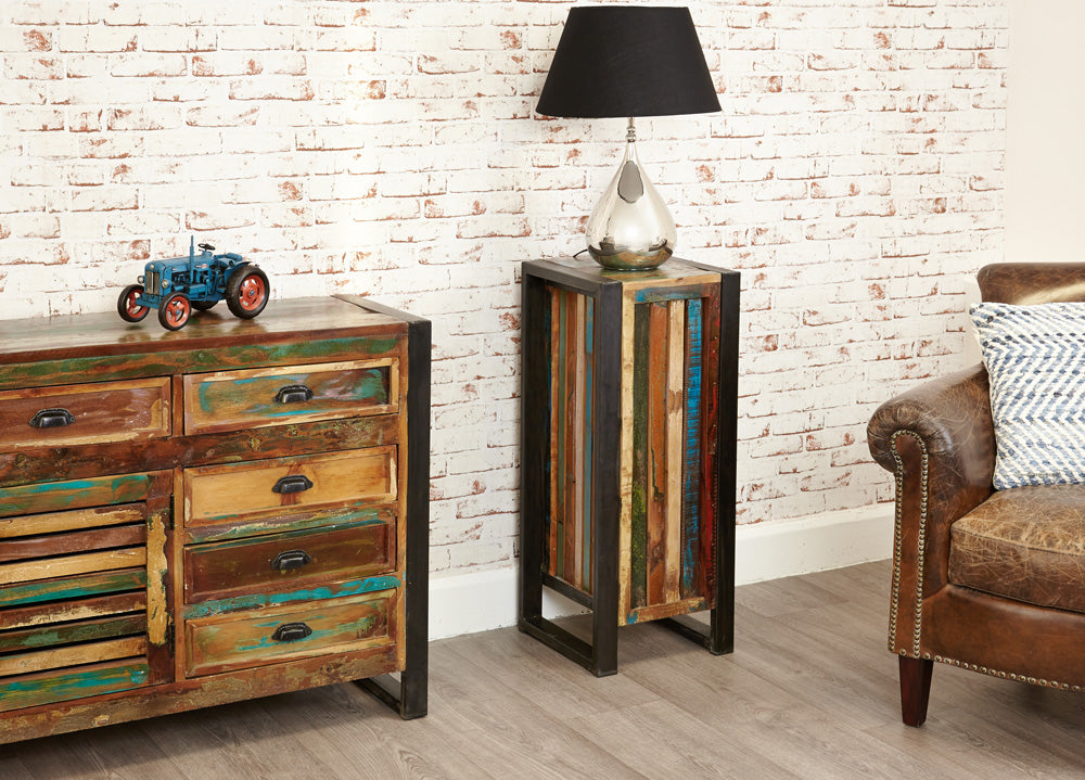 Tall Plant Stand/Lamp Table :  tall Plant stand/Lamp table. Made from reclaimed wood salvaged from old buildings in southern India. Part of the   collection, colourful furniture for stylish living.