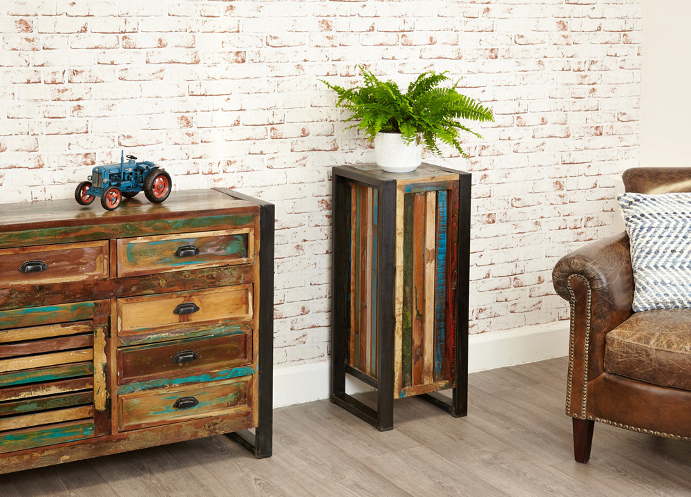 Tall Plant Stand/Lamp Table :  tall Plant stand/Lamp table. Made from reclaimed wood salvaged from old buildings in southern India. Part of the   collection, colourful furniture for stylish living.
