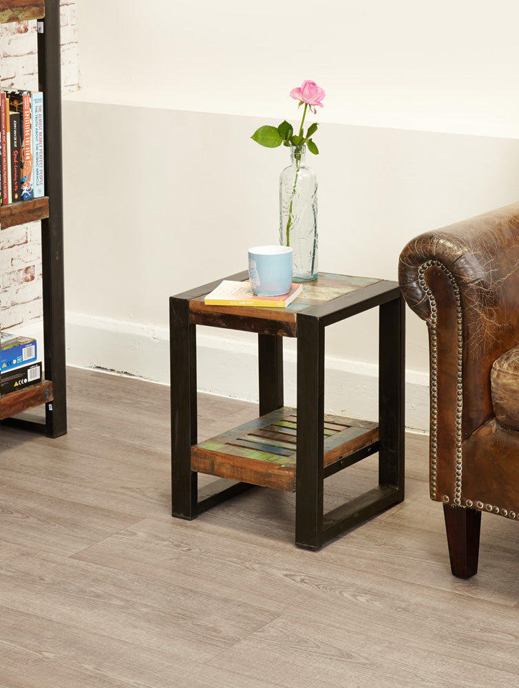 Low Plant Stand / Lamp table :  low plant stand/lamp table. Made from reclaimed wood salvaged from old buildings in southern India. Part of the   collection, colourful furniture for stylish living.