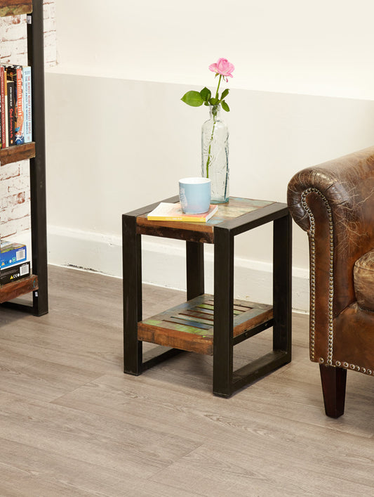 Low Plant Stand / Lamp table :  low plant stand/lamp table. Made from reclaimed wood salvaged from old buildings in southern India. Part of the   collection, colourful furniture for stylish living.