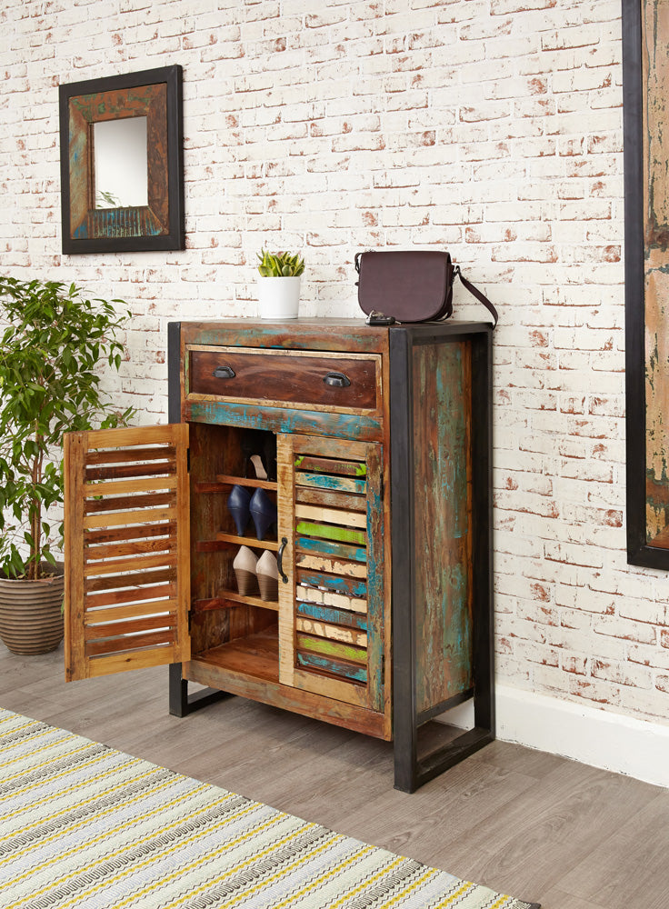 Shoe Storage Cupboard (with drawer) :  shoe storage cupboard / cabinet with drawer. Made from reclaimed wood salvaged from old buildings in southern India. Part of the   collection, colourful furniture for stylish living.