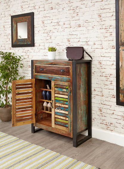 Shoe Storage Cupboard (with drawer) :  shoe storage cupboard / cabinet with drawer. Made from reclaimed wood salvaged from old buildings in southern India. Part of the   collection, colourful furniture for stylish living.